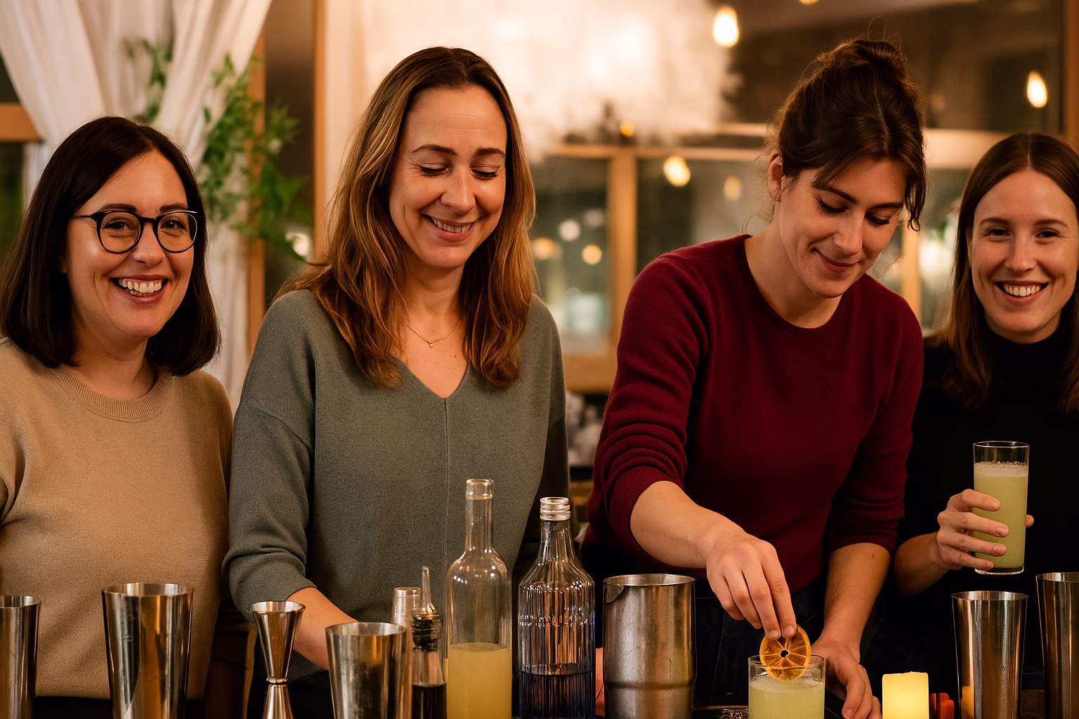 Groupe de collaborateurs en train de réaliser leurs cocktails lors d'un atelier mixologie en entreprise, ambiance conviviale et détendue