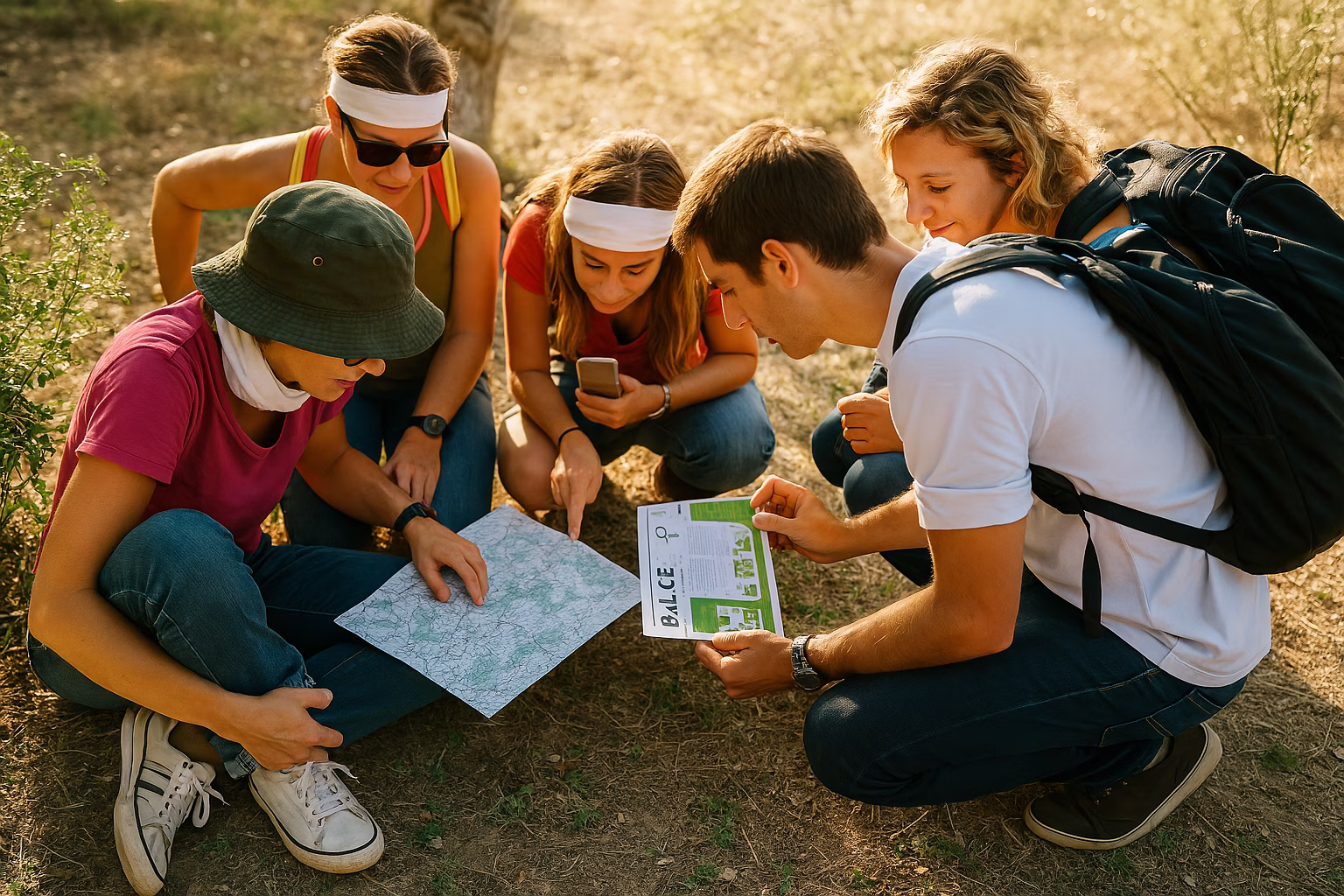 Groupe d'entreprise en pleine course d'orientation outdoor à Paris, participants en action autour d'une balise lors d'un team building Geocaching Yaazzz