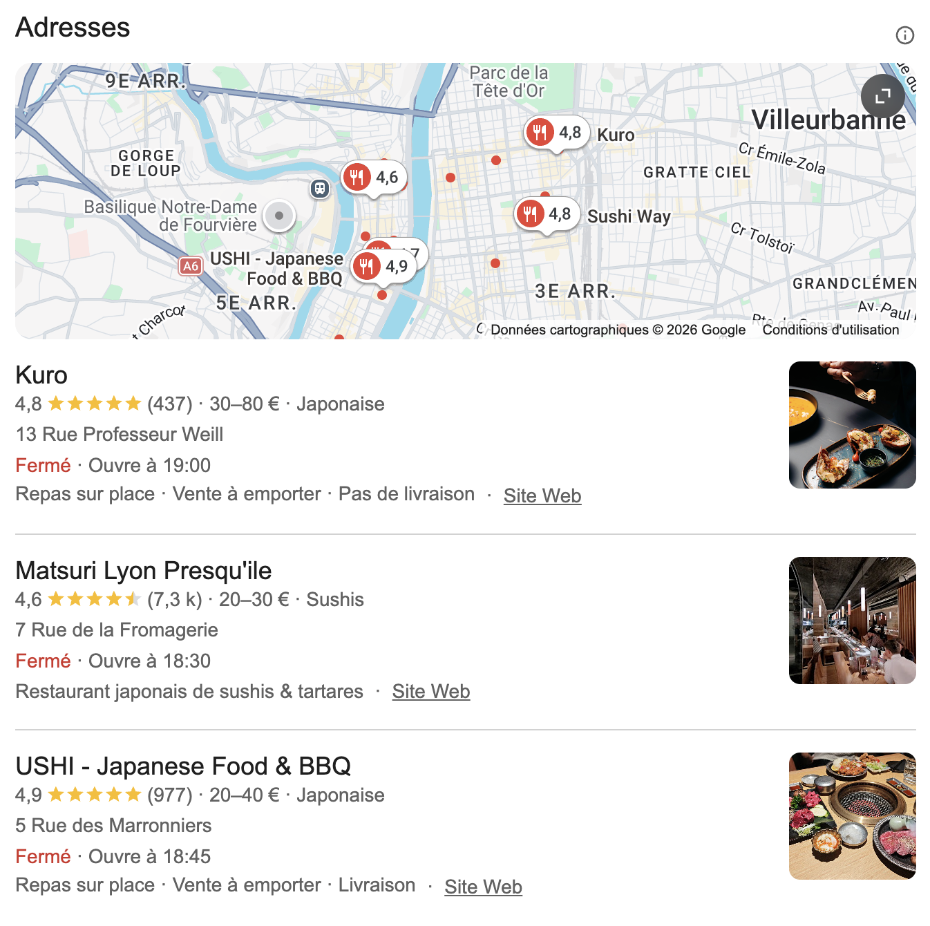 Pack local Google Maps affichant trois restaurants avec avis et évaluations étoilées