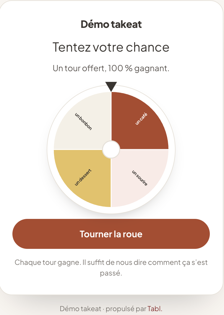 Roue digitale interactive et QR code de collecte d'avis Google pour restaurant affichés sur terminal